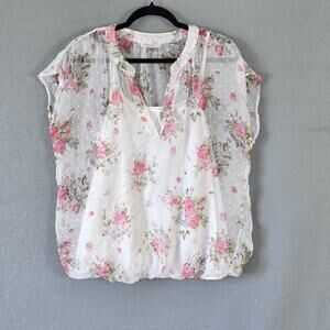 Roz & Ali Shirt Women‎ Large White Pink Floral Sheer Swiss Dot Blouse Top
